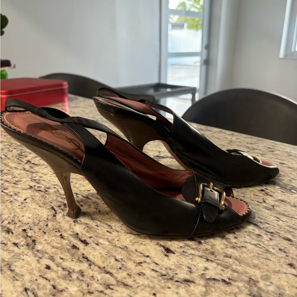 Vintage YSL Slingback Heel Shoes Yves Saint Laurent Peep Toe Buckle